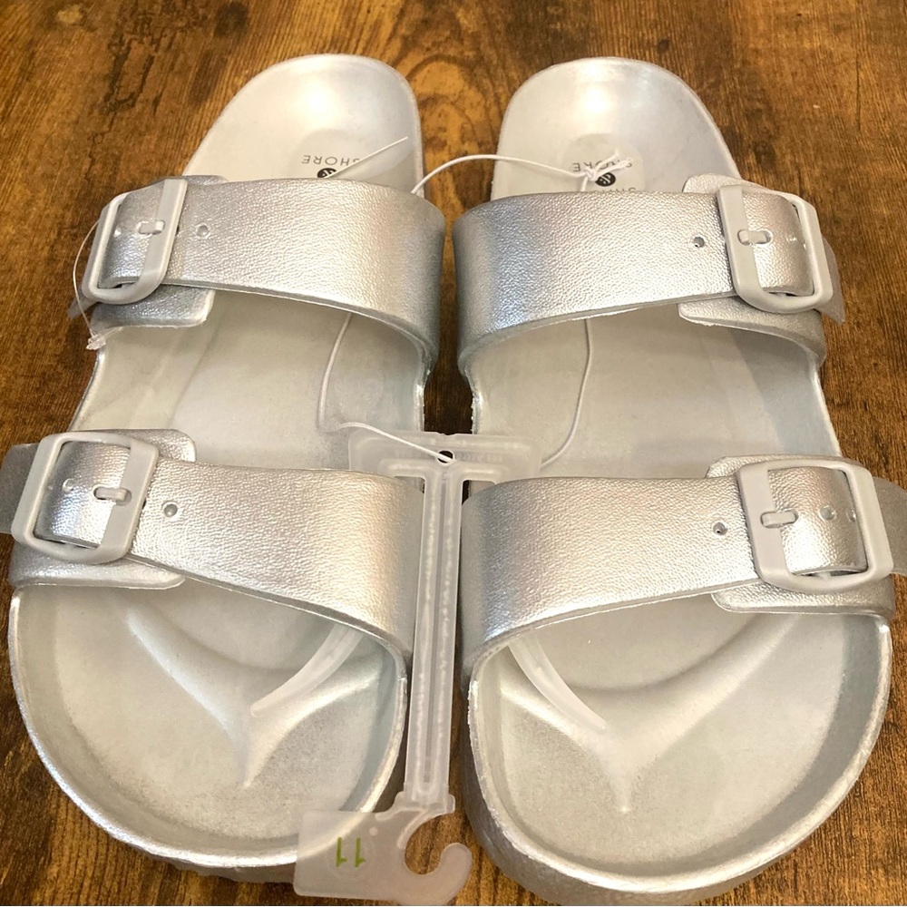Shade & Shore Women’s silver Neida 2 Band Slide Sandals Size 11 New